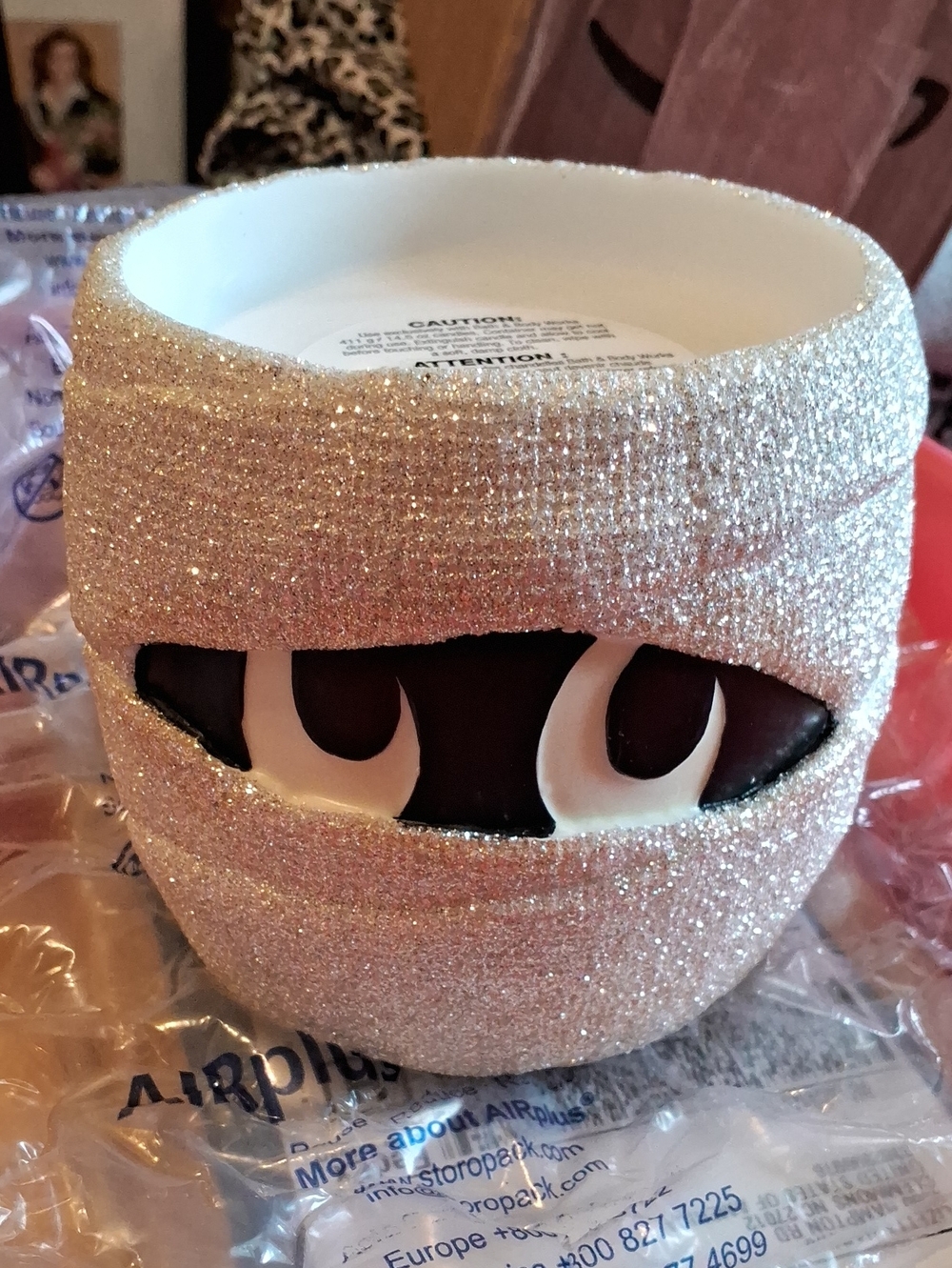 Glitter Mummy Face Dual Candle Holder - Sparkly Silver